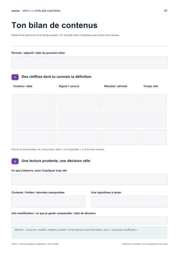 Aperçu de la fiche Ton bilan de contenus avec ses zones à remplir