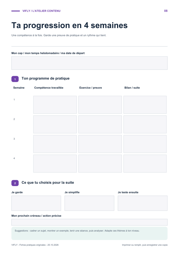 Aperçu de la fiche Ta progression sur 4 semaines avec ses zones à remplir