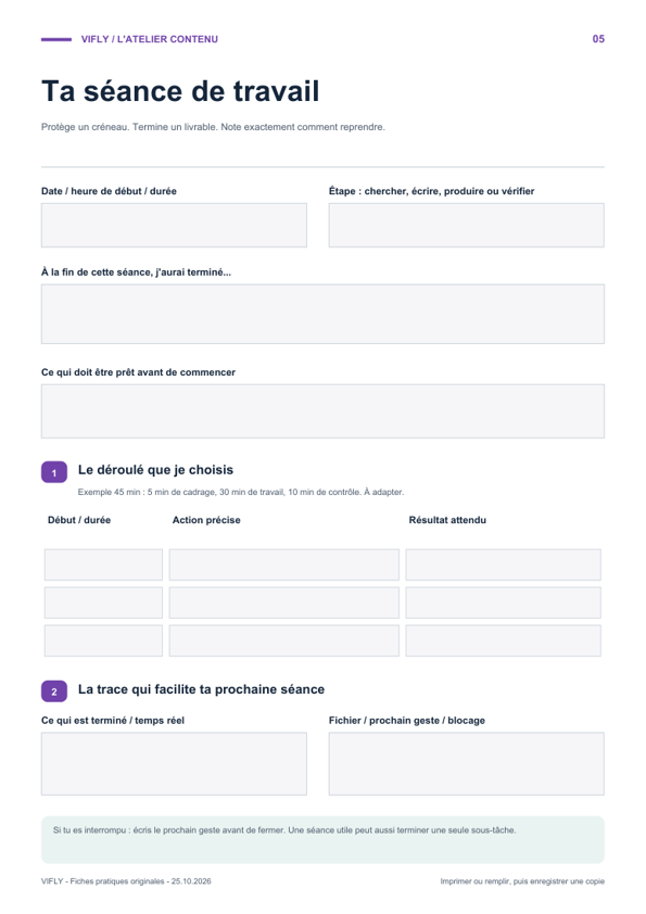 Aperçu de la fiche Ta séance de travail avec ses zones à remplir