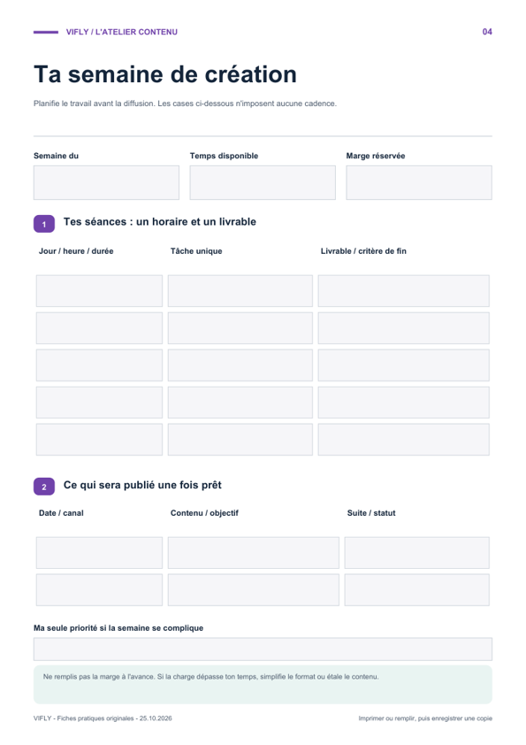 Aperçu de la fiche Ta semaine de création avec ses zones à remplir