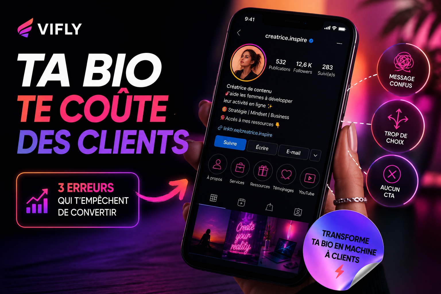 Créateur utilisant VIFLY LinkHub pour améliorer sa bio Instagram et centraliser ses liens, offres et contenus.