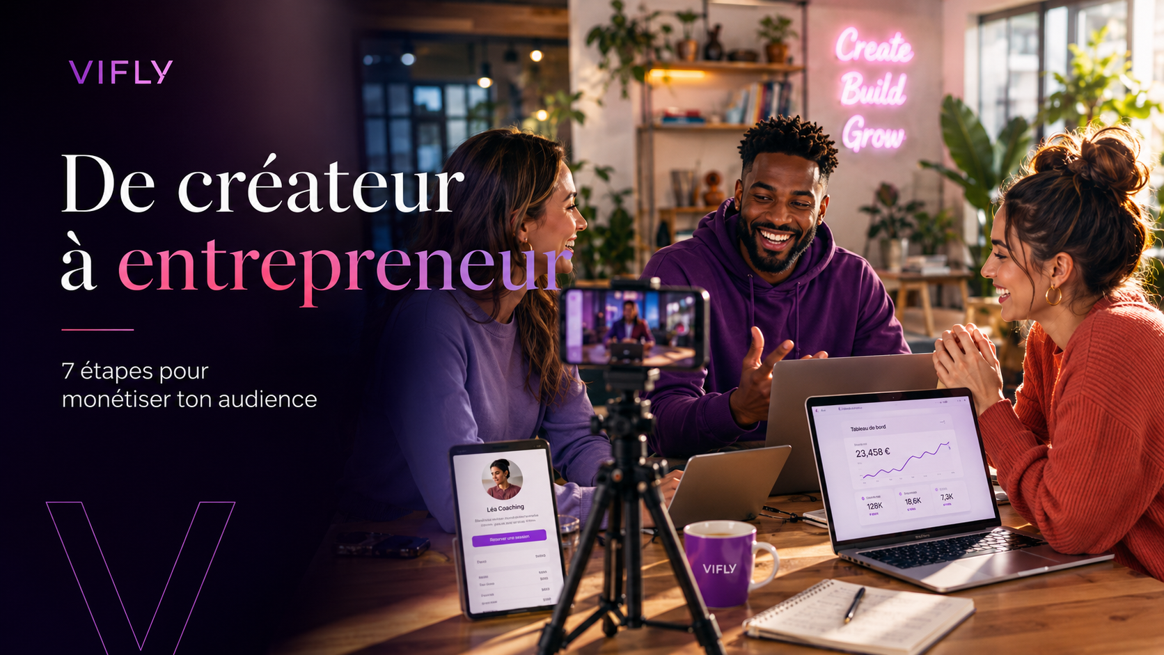 Créateur de contenu structurant son activité en ligne pour monétiser son audience avec VIFLY.
