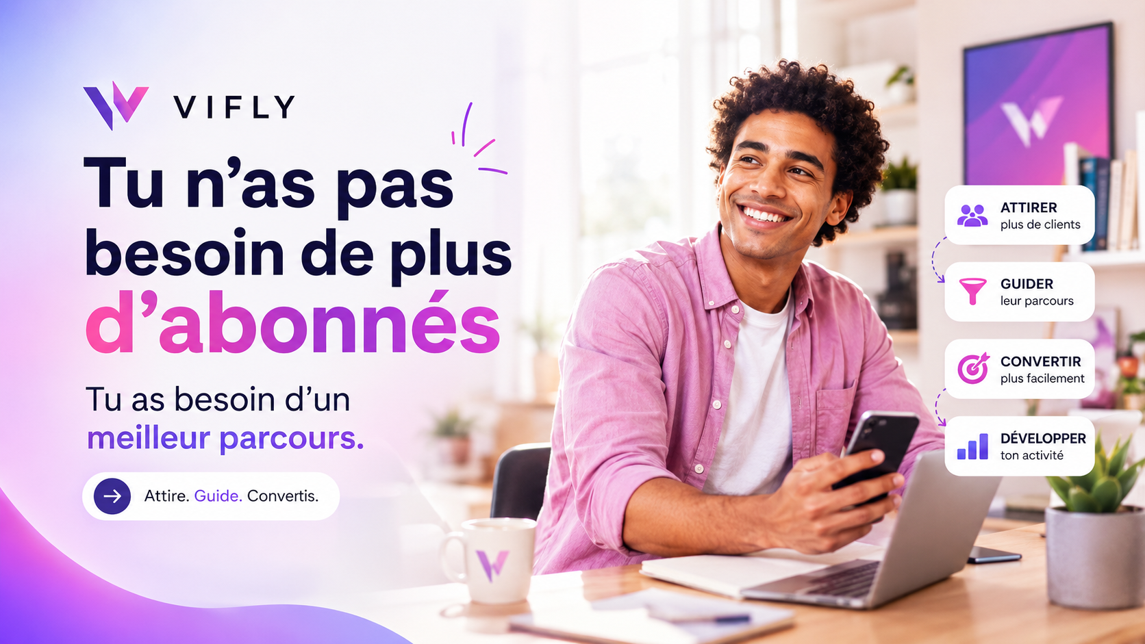 Créateur utilisant VIFLY pour centraliser ses liens, présenter ses offres et transformer son audience en opportunités.