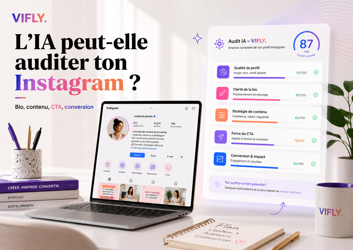 Créateur de contenu utilisant l’IA pour auditer son compte Instagram, analyser sa bio, ses contenus et améliorer son parcours avec VIFLY.