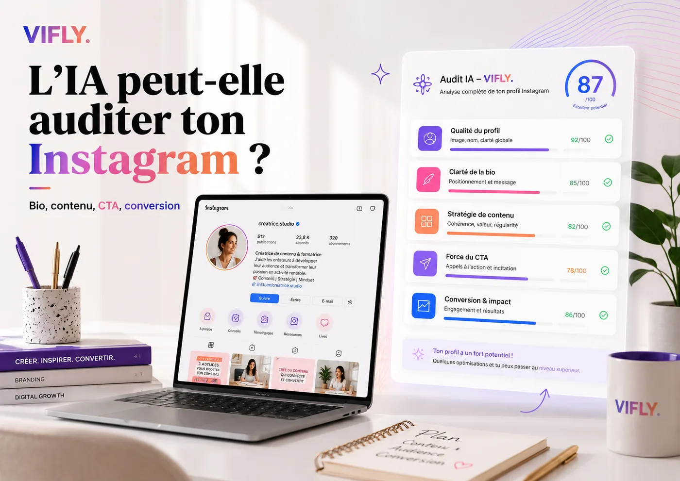 Créateur de contenu utilisant l’IA pour auditer son compte Instagram, analyser sa bio, ses contenus et améliorer son parcours avec VIFLY.