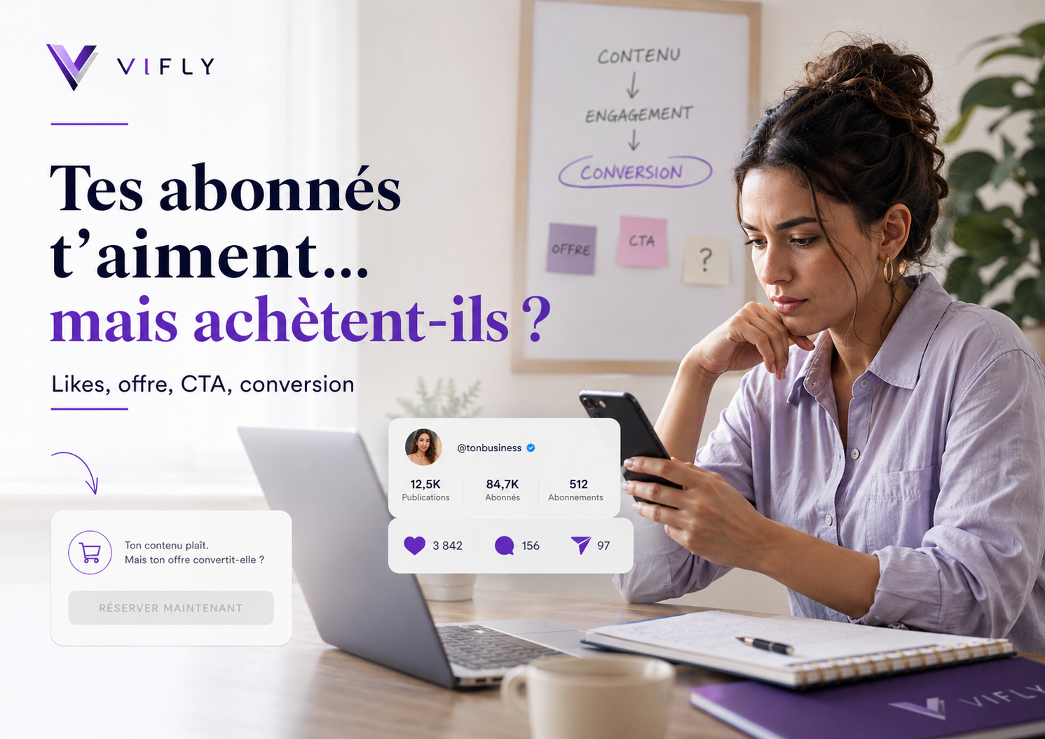 Créateur de contenu analysant son profil Instagram pour comprendre pourquoi ses abonnés aiment ses contenus mais n’achètent pas encore.