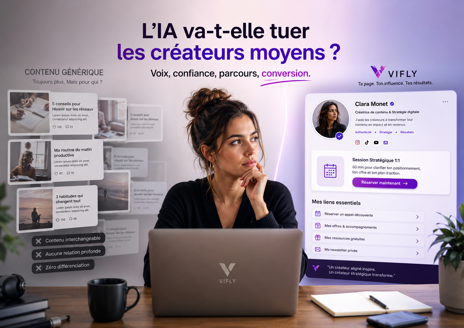 Créateur de contenu utilisant l’intelligence artificielle pour structurer sa stratégie digitale, clarifier son profil et transformer son audience en clients avec VIFLY.