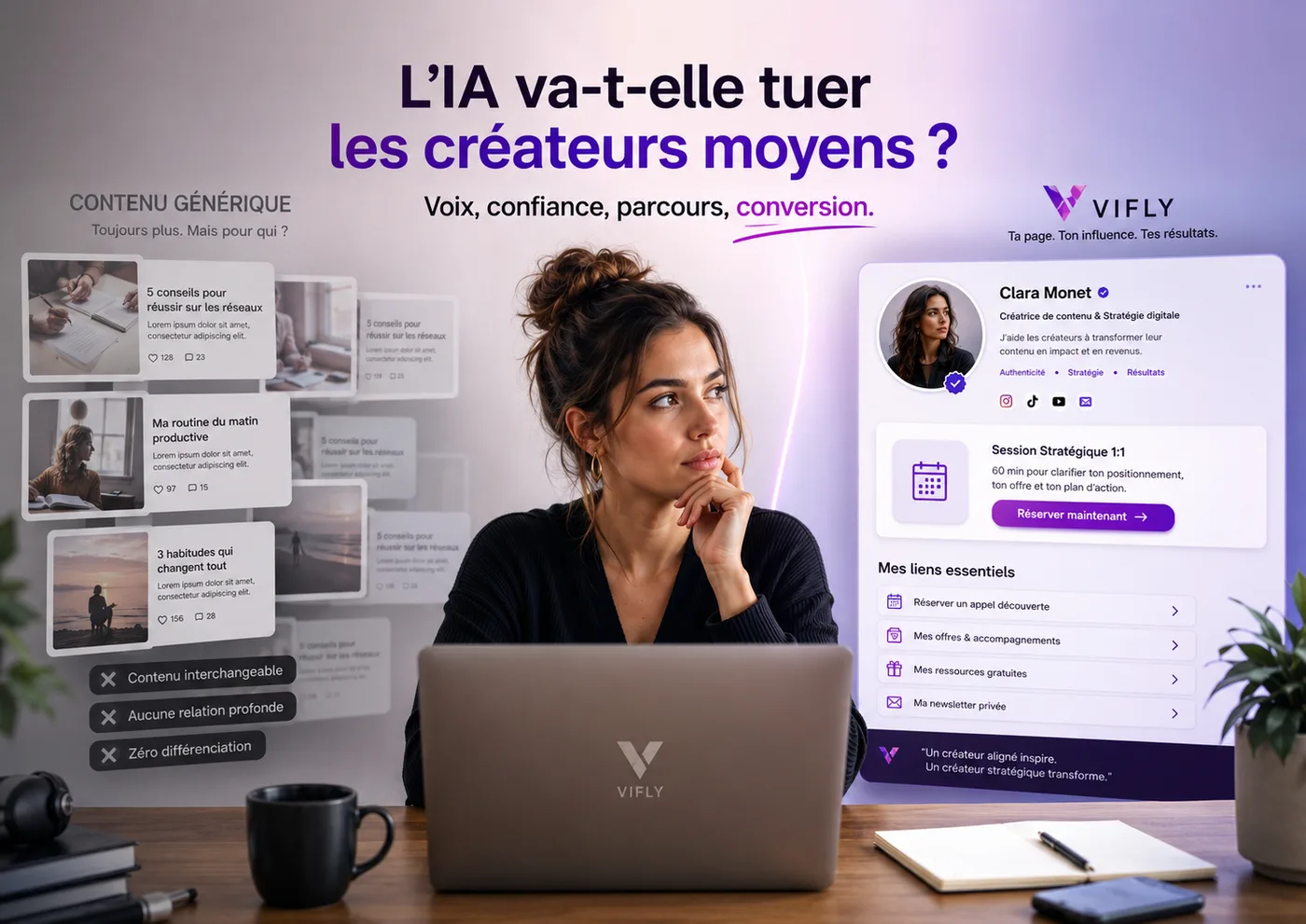 Créateur de contenu utilisant l’intelligence artificielle pour structurer sa stratégie digitale, clarifier son profil et transformer son audience en clients avec VIFLY.