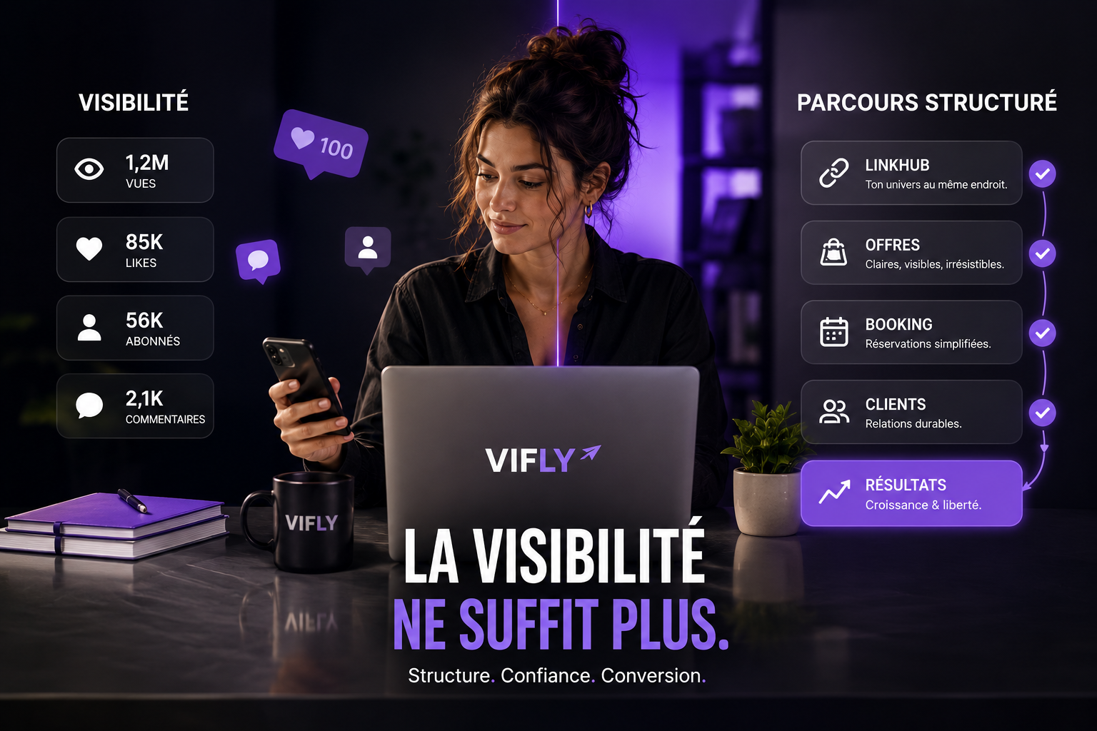 Créateur digital structurant son audience, ses offres et son lien en bio pour passer de simple influenceur à entrepreneur avec VIFLY.