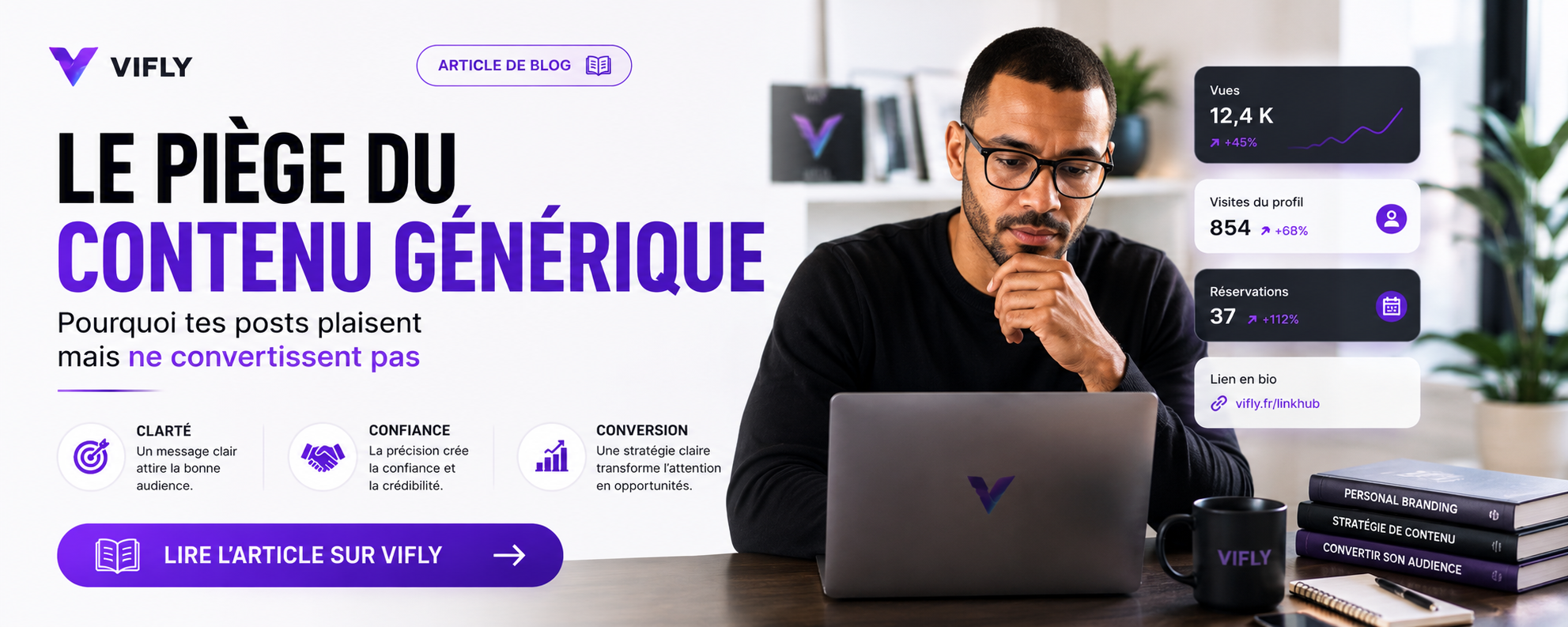 Créateur digital analysant ses contenus génériques et structurant son profil, son LinkHub et ses offres pour transformer son audience en opportunités avec VIFLY.