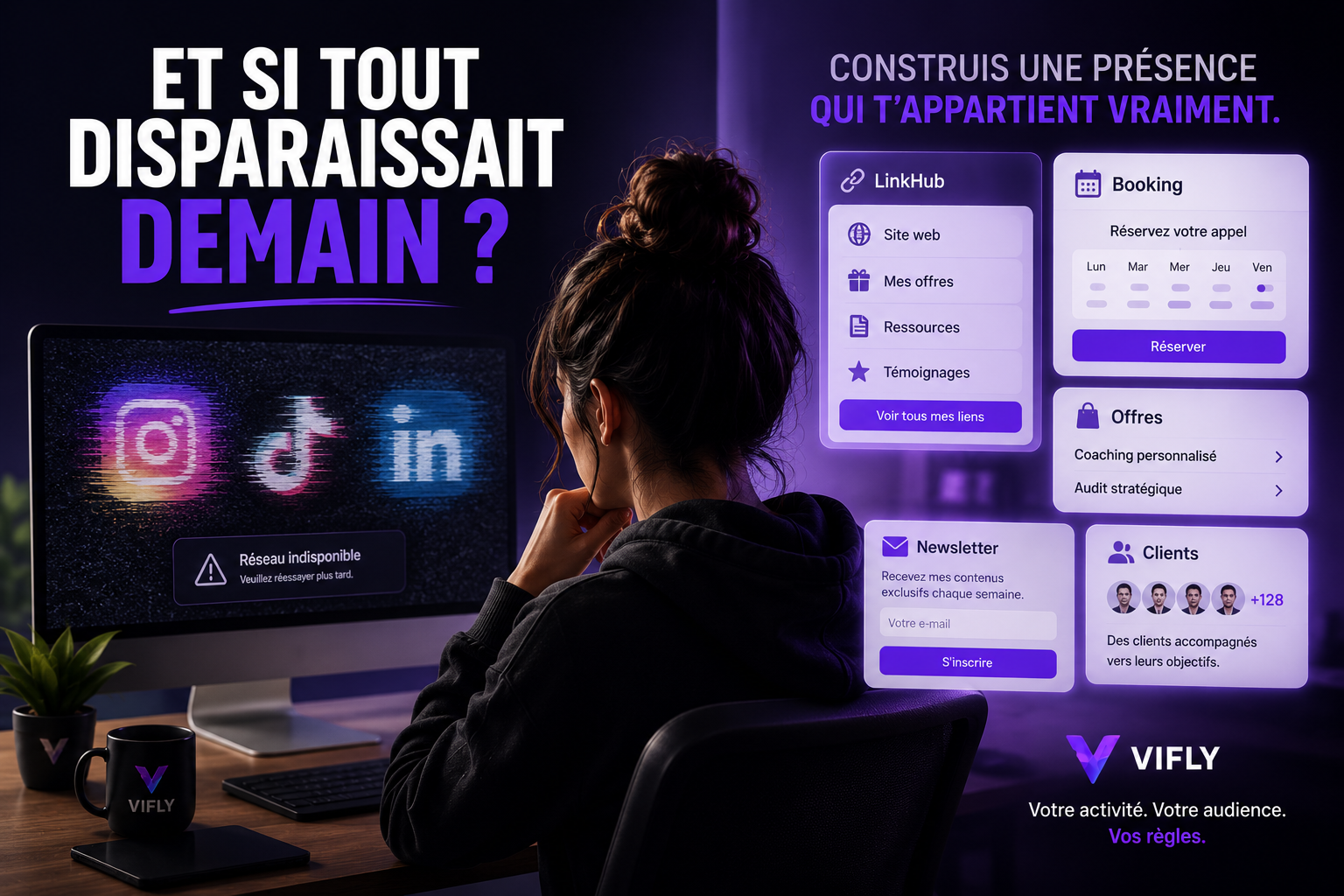 Créateur digital devant un ordinateur et un smartphone sans réseau social visible, construisant un espace VIFLY avec LinkHub, Booking, offres et audience directe.