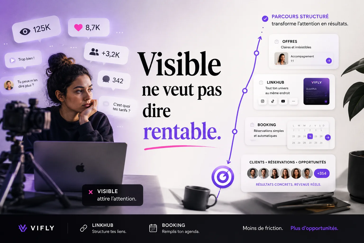 Créateur digital analysant sa visibilité et son parcours client avec des éléments VIFLY LinkHub, Booking, offres et réservations pour transformer son audience en clients.