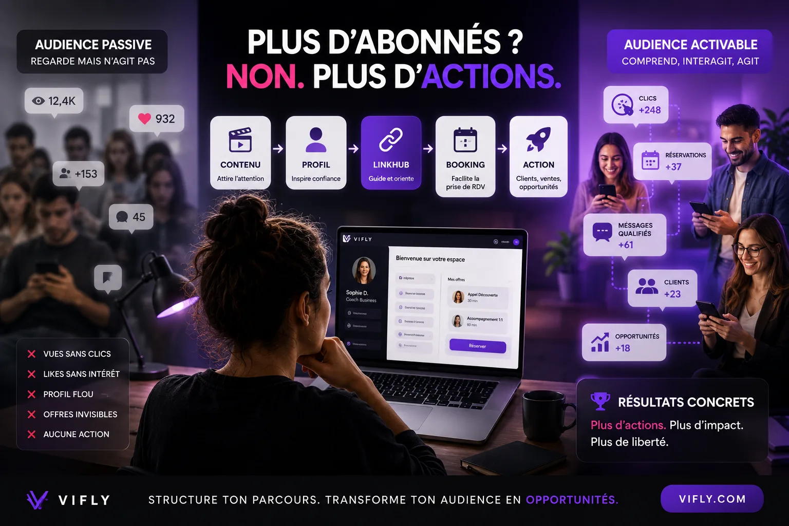 Créateur analysant son audience avec d’un côté des abonnés passifs qui regardent et de l’autre des personnes qui cliquent, réservent et interagissent grâce à un parcours VIFLY stru