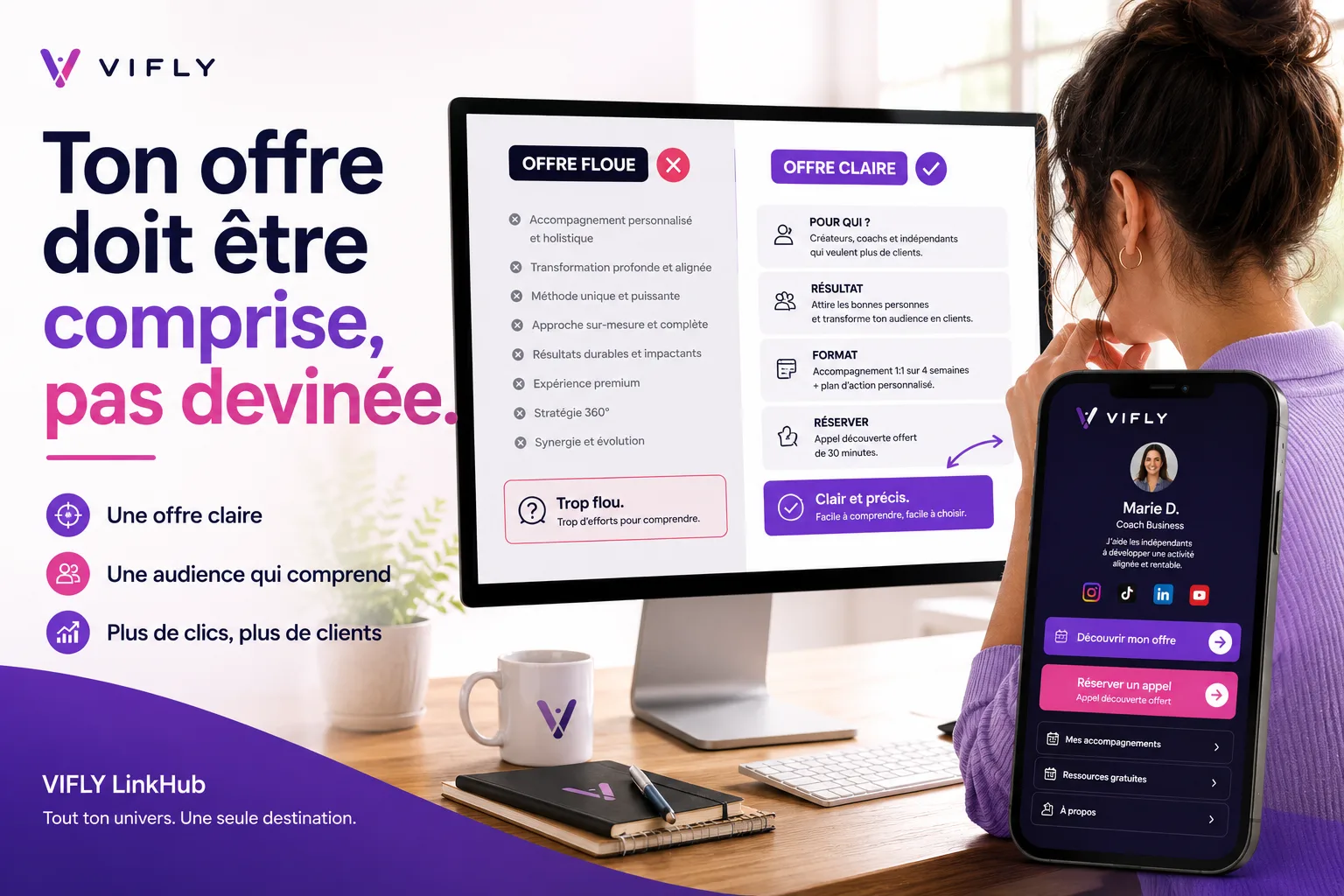 Créateur devant un ordinateur en train de clarifier son offre, avec une page VIFLY LinkHub affichant une offre simple, un bouton de réservation et un parcours clair pour l'audience
