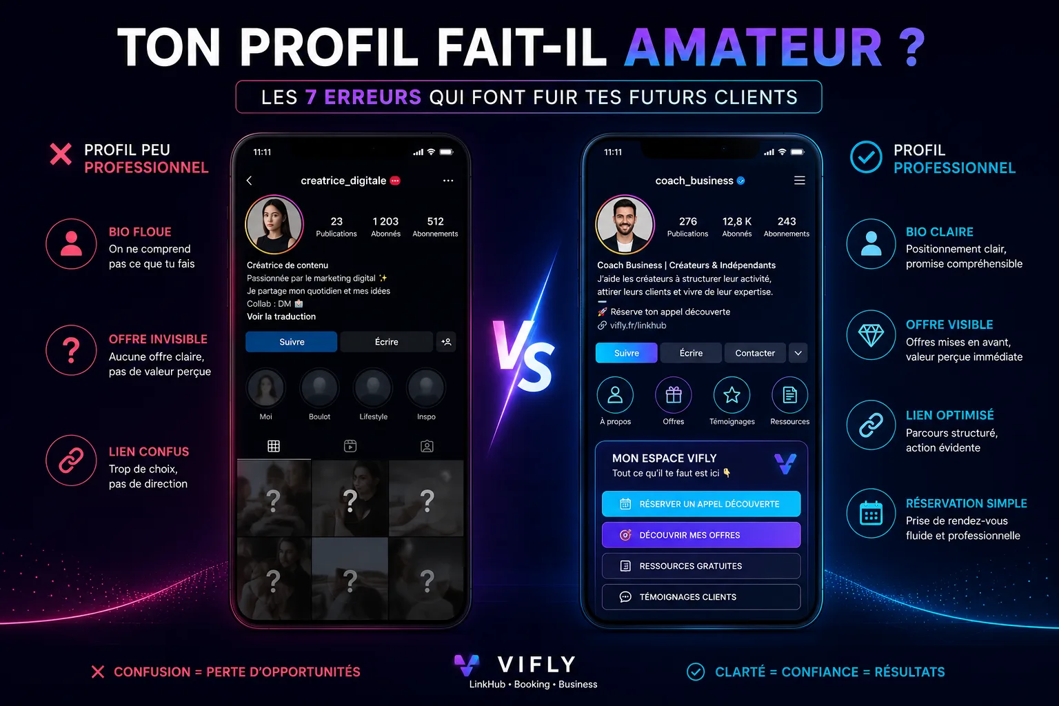 Créateur analysant son profil digital avec une checklist des erreurs qui rendent un profil peu professionnel et des éléments VIFLY LinkHub et Booking.