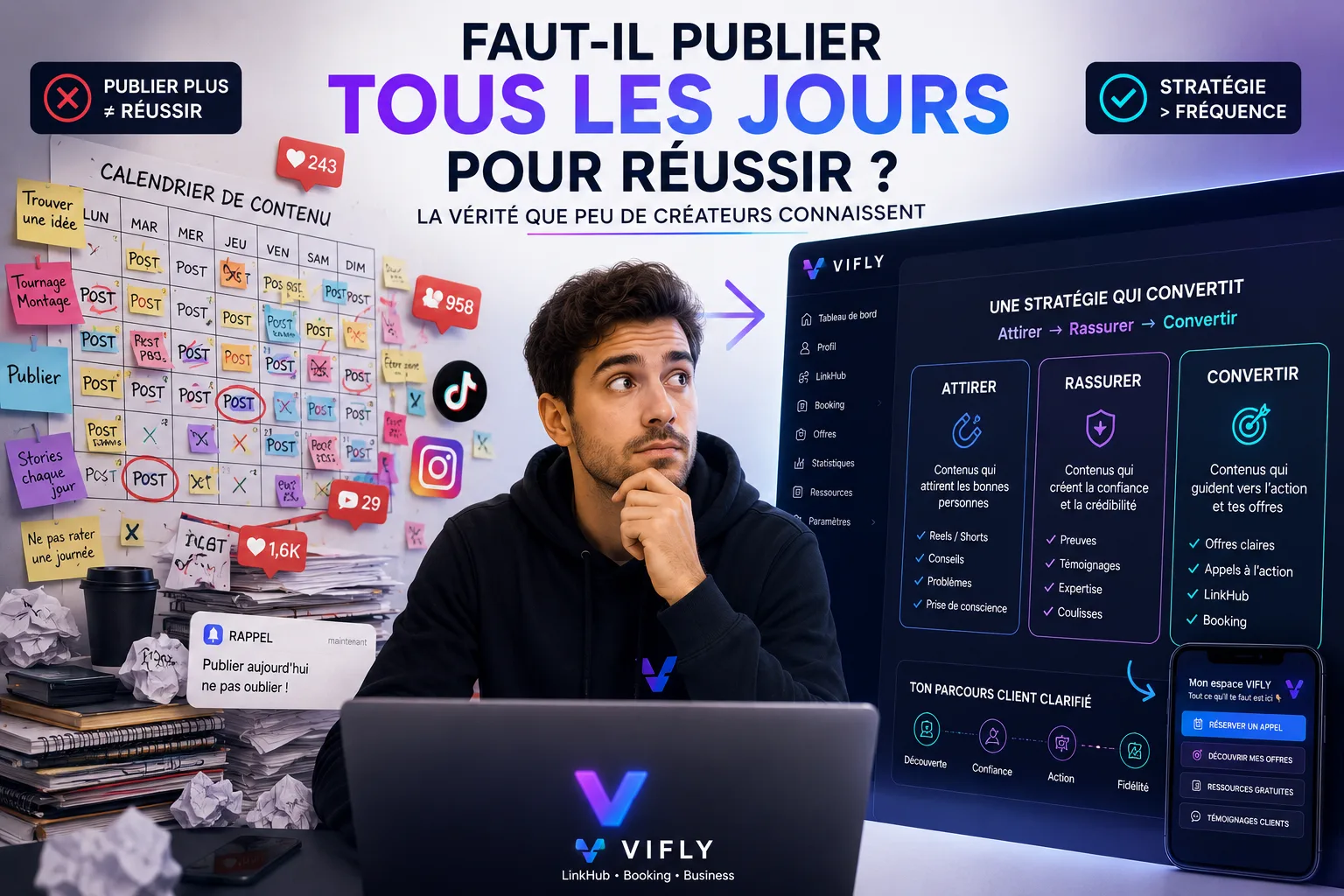 Créateur devant un calendrier éditorial comparant publication quotidienne, stratégie de contenu et parcours digital structuré avec VIFLY.
