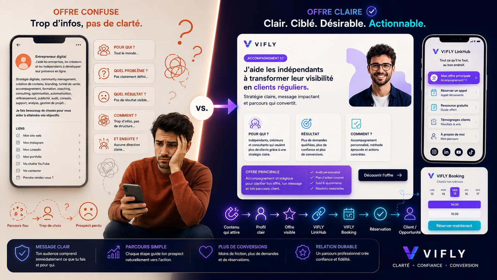 Indépendant comparant une offre confuse et une offre claire pour mieux présenter ses services et convertir ses prospects.