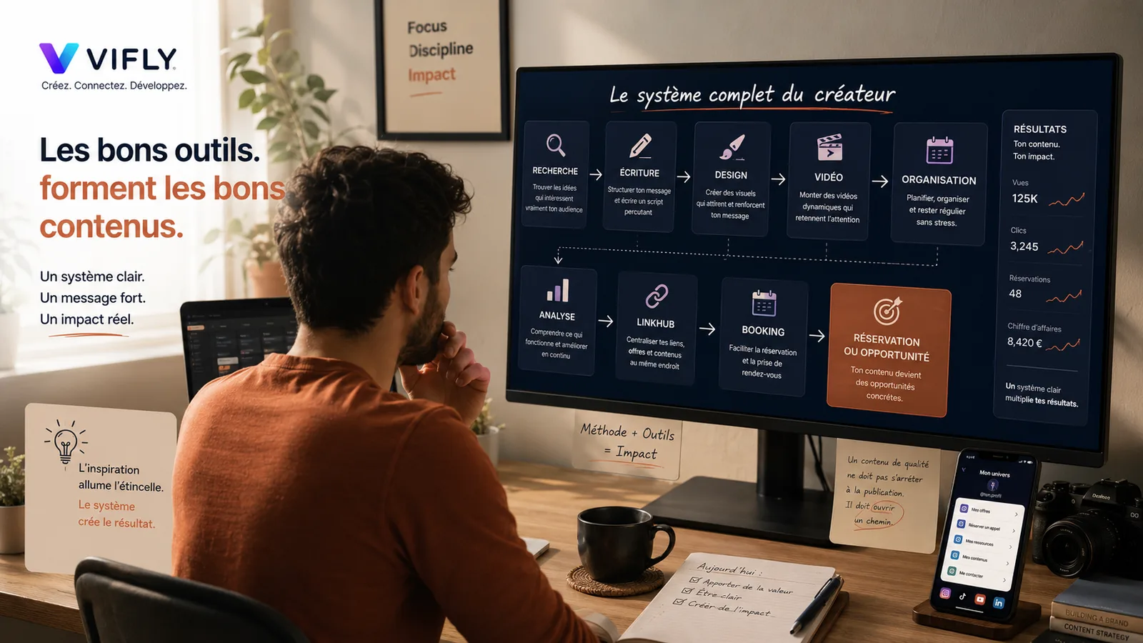 Créateur utilisant une boîte à outils digitale pour produire du contenu de qualité, structurer ses idées, analyser ses résultats et convertir son audience.