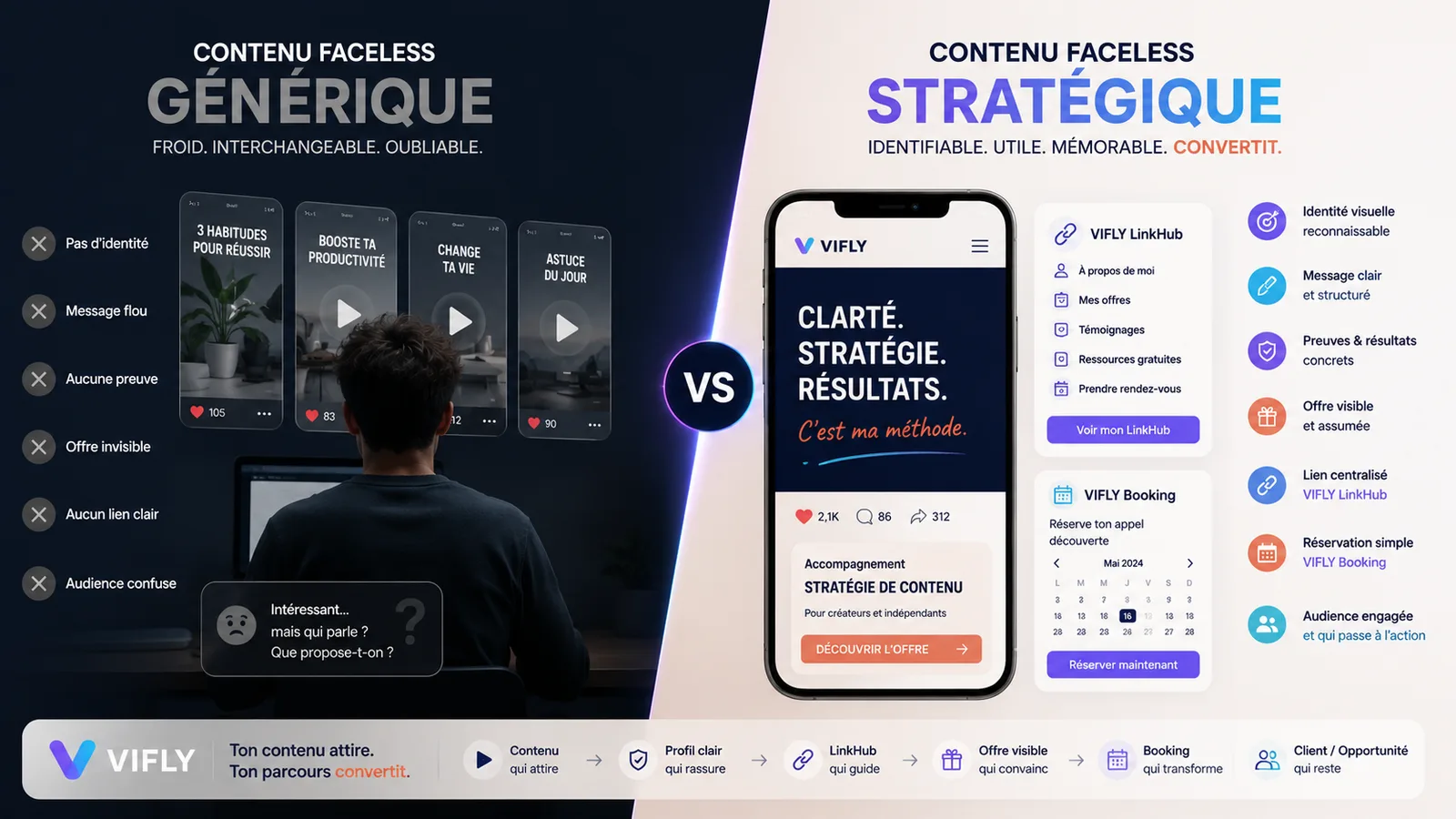Comparaison entre un contenu faceless générique et un contenu faceless stratégique avec identité claire, confiance et parcours de conversion.