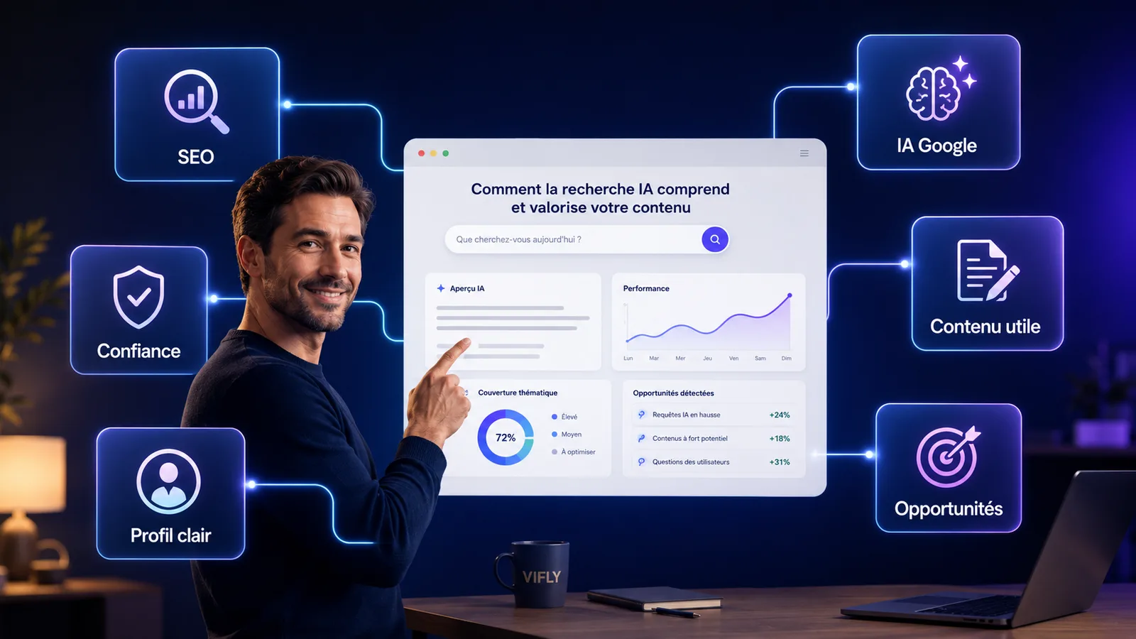 Créateur analysant l’impact de l’IA Google sur le SEO, le contenu utile, la confiance et les opportunités digitales.