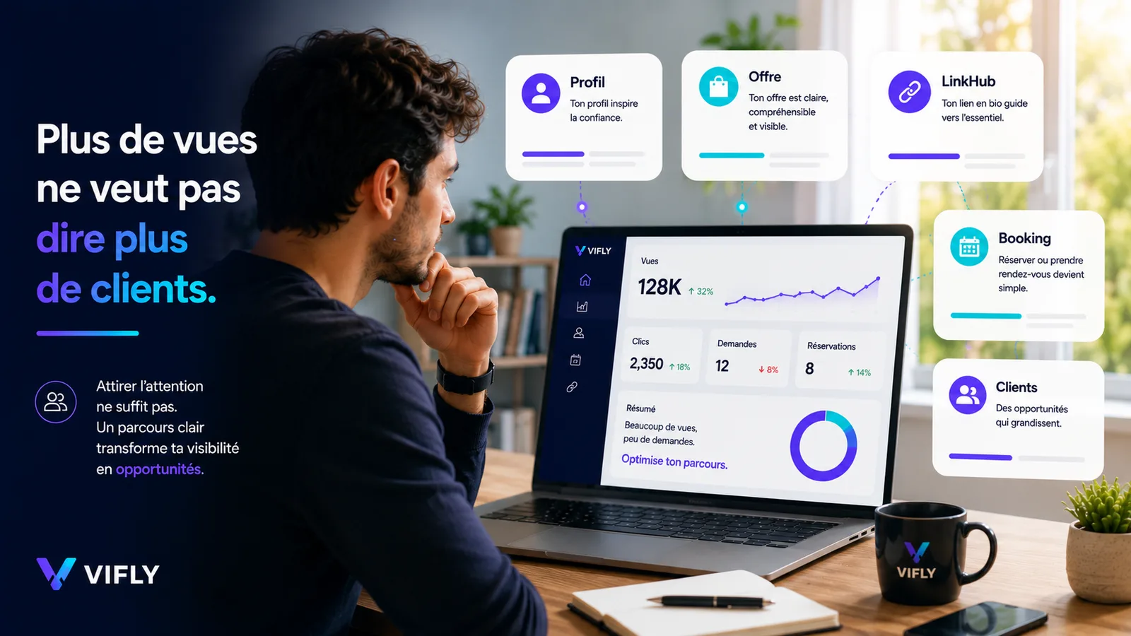 Créateur analysant pourquoi plus de vues ne veut pas dire plus de clients avec un profil, un LinkHub, une offre et un Booking à structurer.