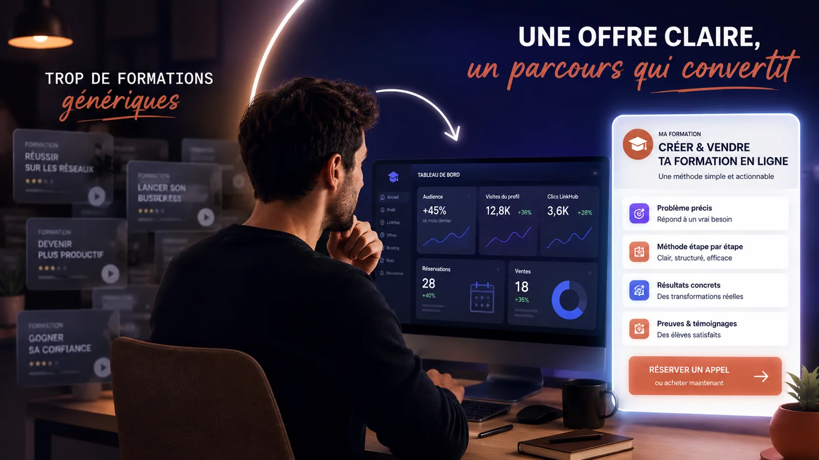 Créateur structurant une formation en ligne claire en 2026 dans un marché digital saturé.