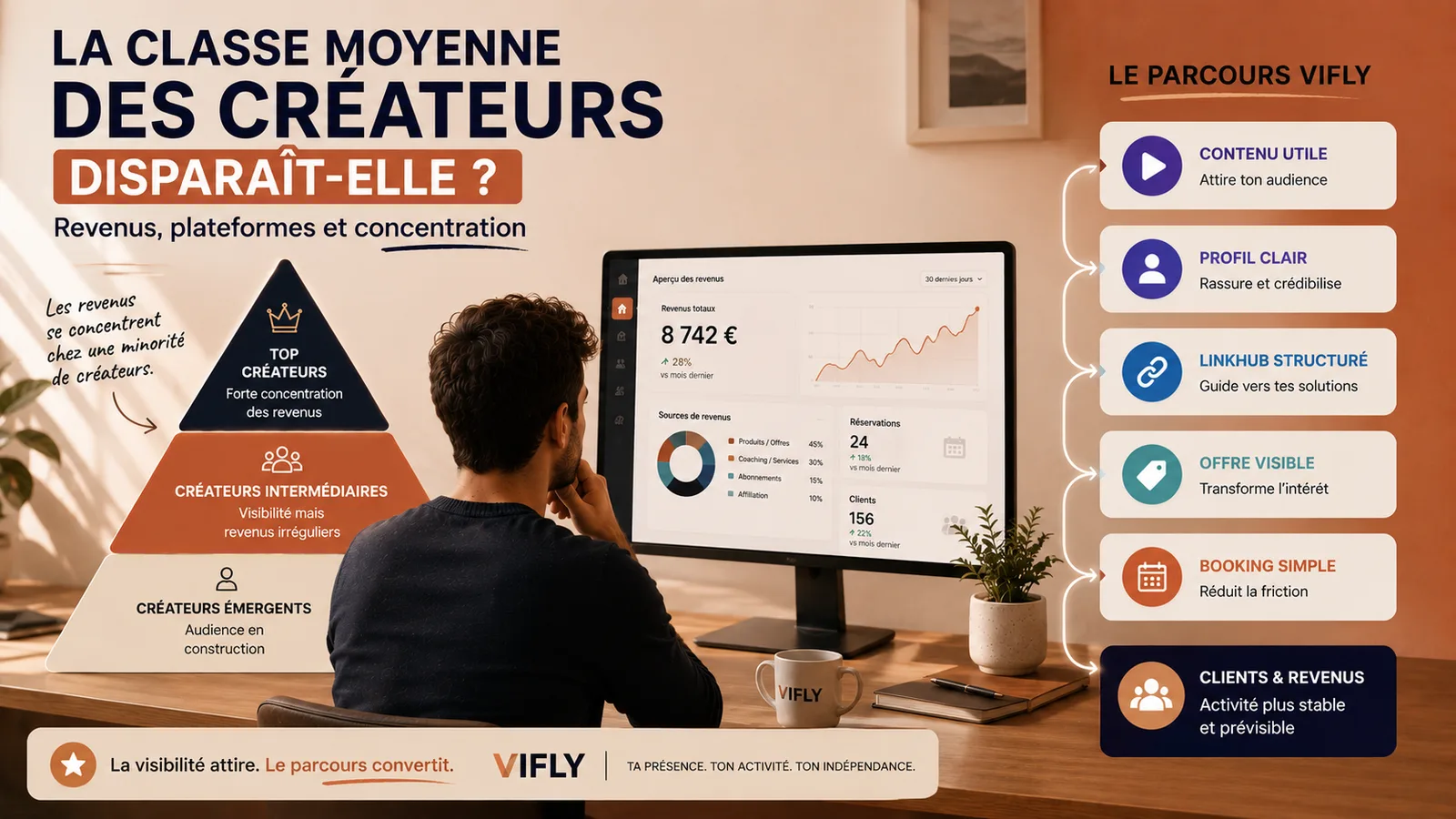 Créateur analysant la concentration des revenus dans la creator economy et un parcours de monétisation plus durable.