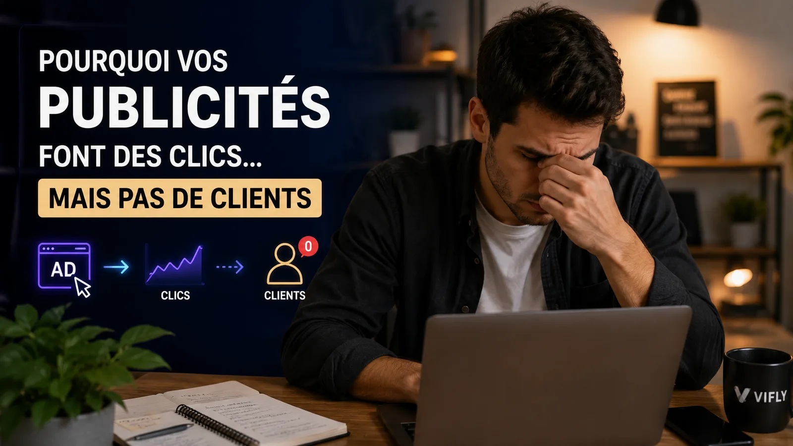 Créateur analysant pourquoi ses publicités génèrent des clics mais pas de clients avec un parcours VIFLY à clarifier.