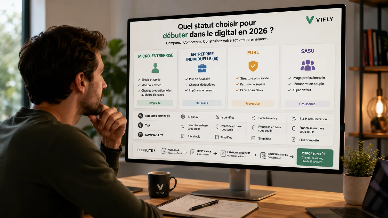 Créateur digital comparant les statuts juridiques 2026, charges, TVA et parcours professionnel avec VIFLY.