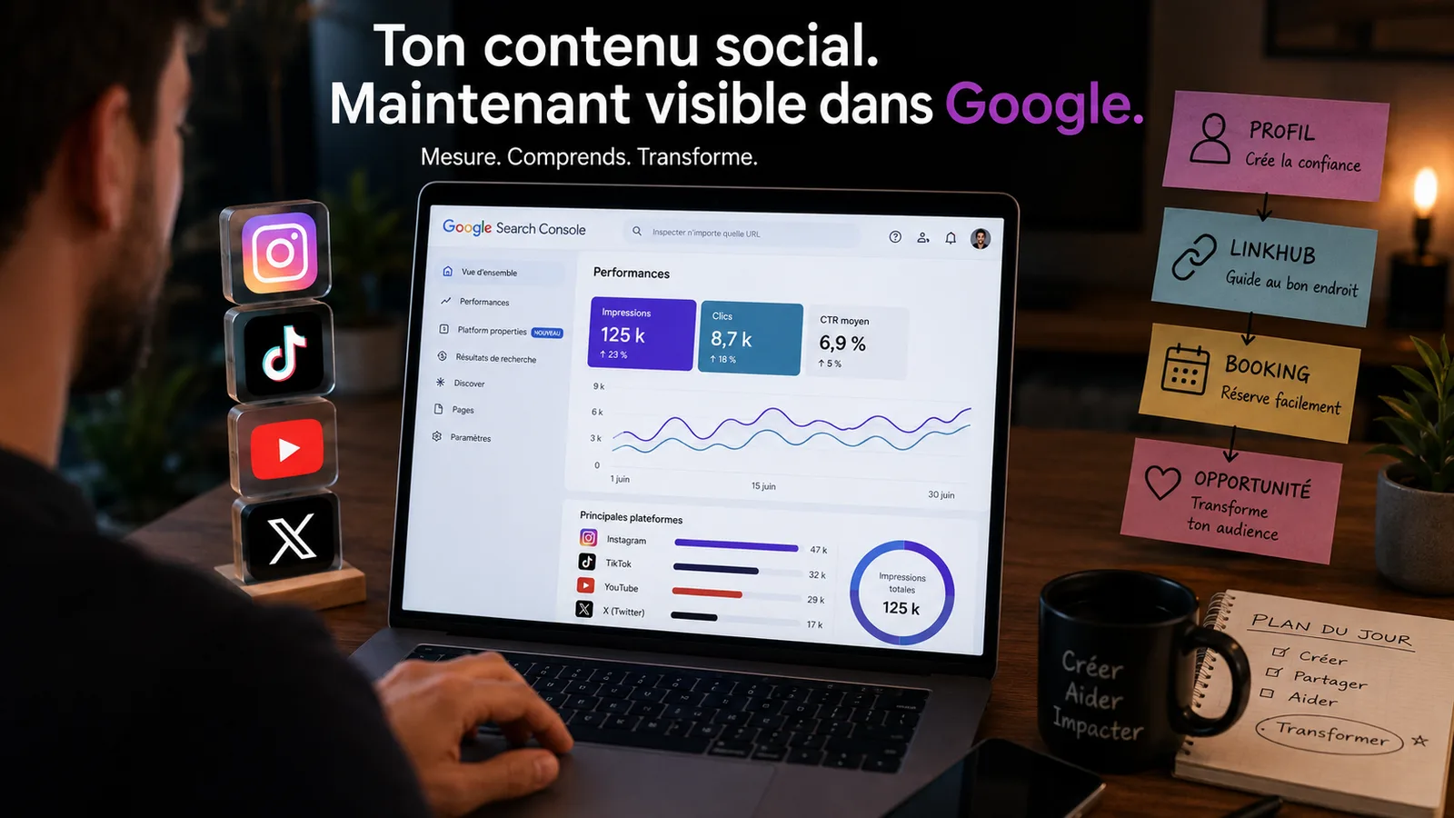Créateur analysant la visibilité Google de ses contenus Instagram, TikTok, YouTube et X dans Google Search Console.
