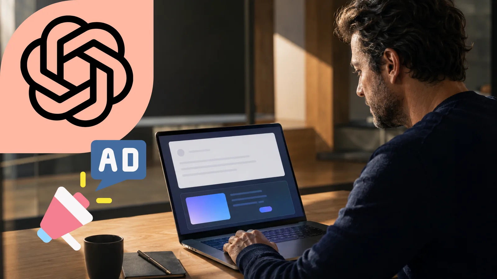 Entrepreneur observant une publicité clairement séparée d’une réponse conversationnelle