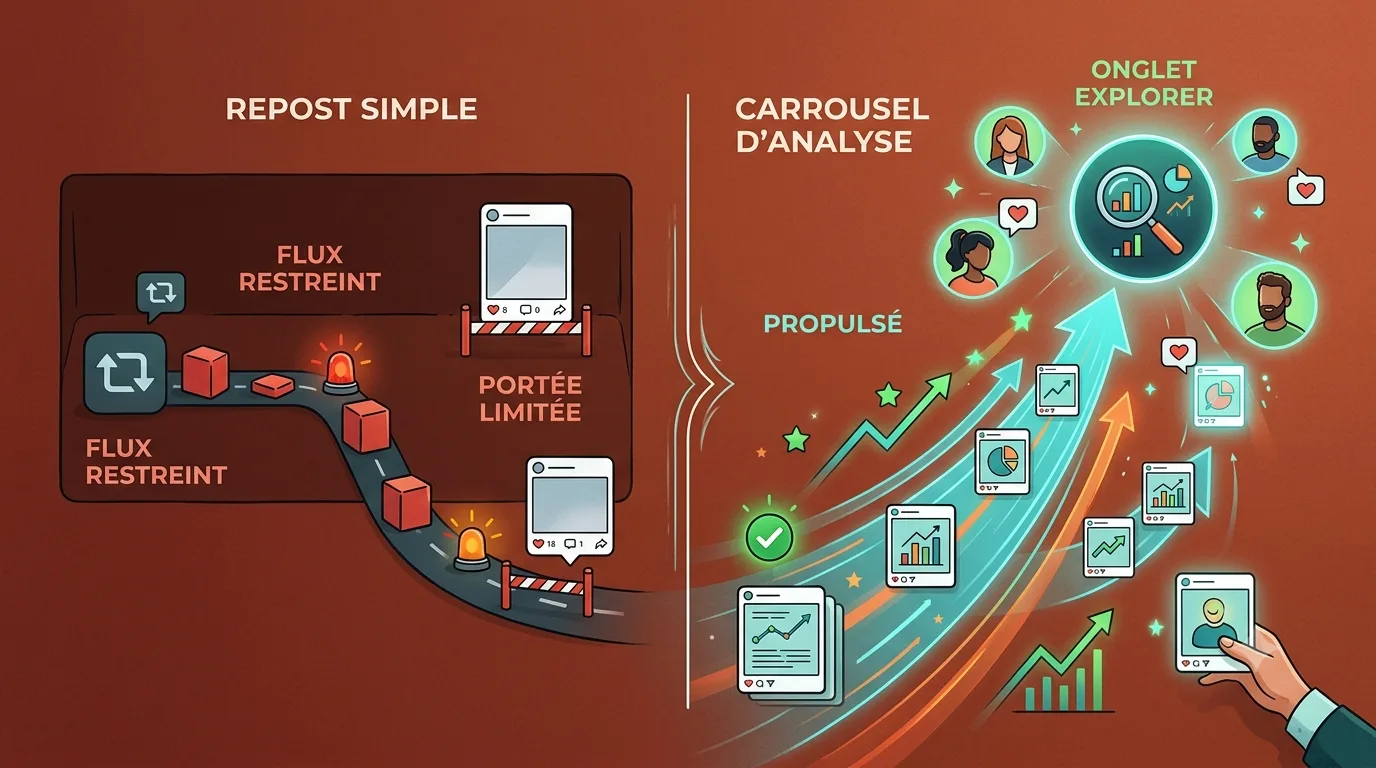 Schéma explicatif de l'algorithme Instagram 2026 restreignant la portée des reposts aux abonnés uniquement.