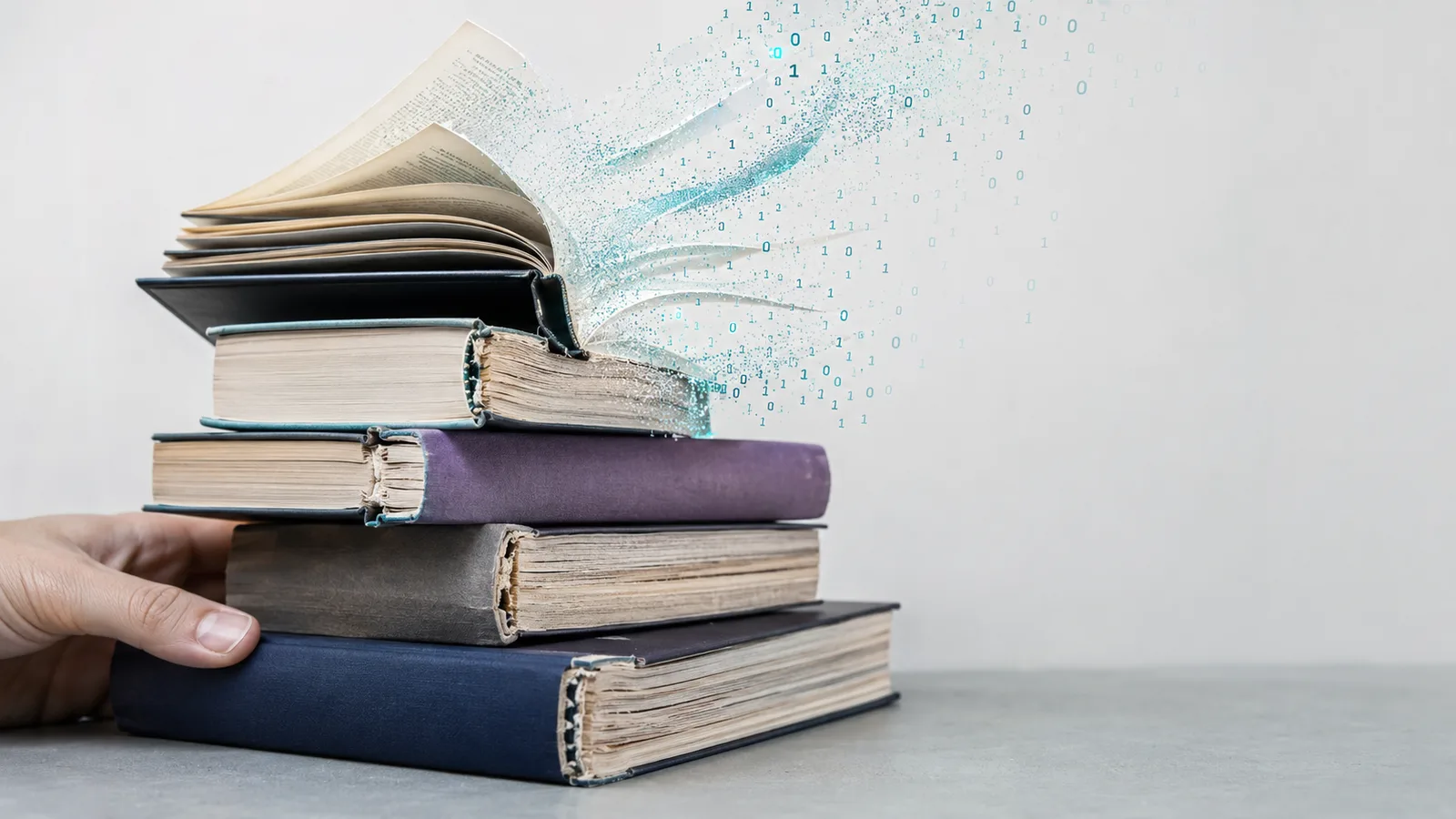 Illustration de livres détruits pour entraîner une IA, style premium documentaire