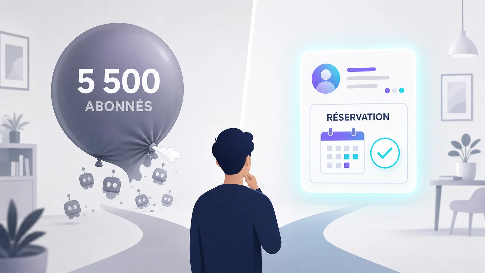 Illustration comparant un compte aux abonnés achetés qui s'effondre et un profil professionnel qui convertit ses visiteurs en clients