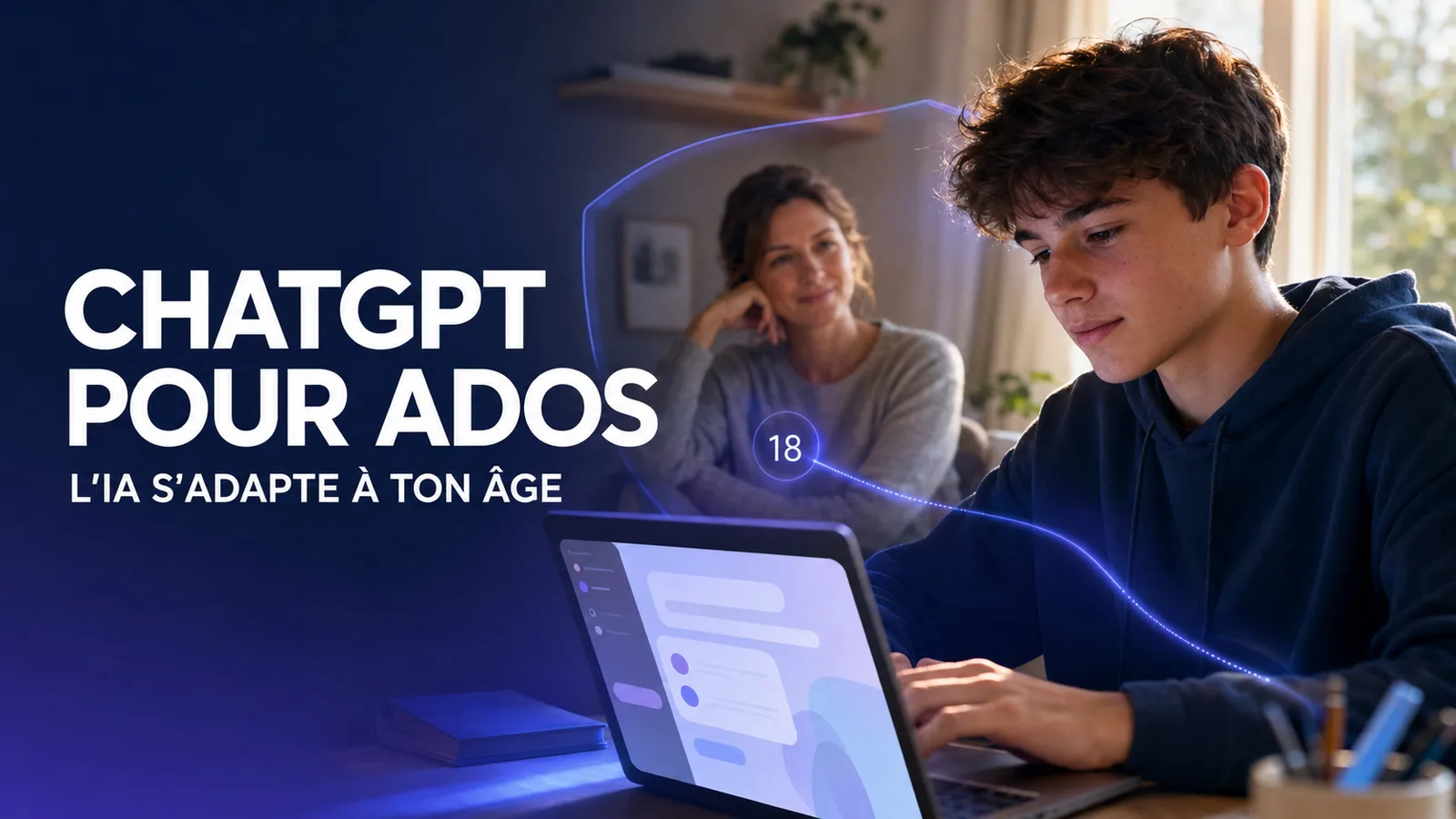 Adolescent utilisant un assistant d’intelligence artificielle sur un ordinateur, avec un parent présent en arrière-plan dans un environnement d’étude sécurisé.