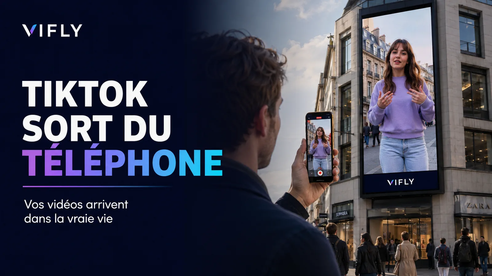 Vidéo TikTok d'un créateur diffusée sur un écran publicitaire avec TikTok Out of Phone.