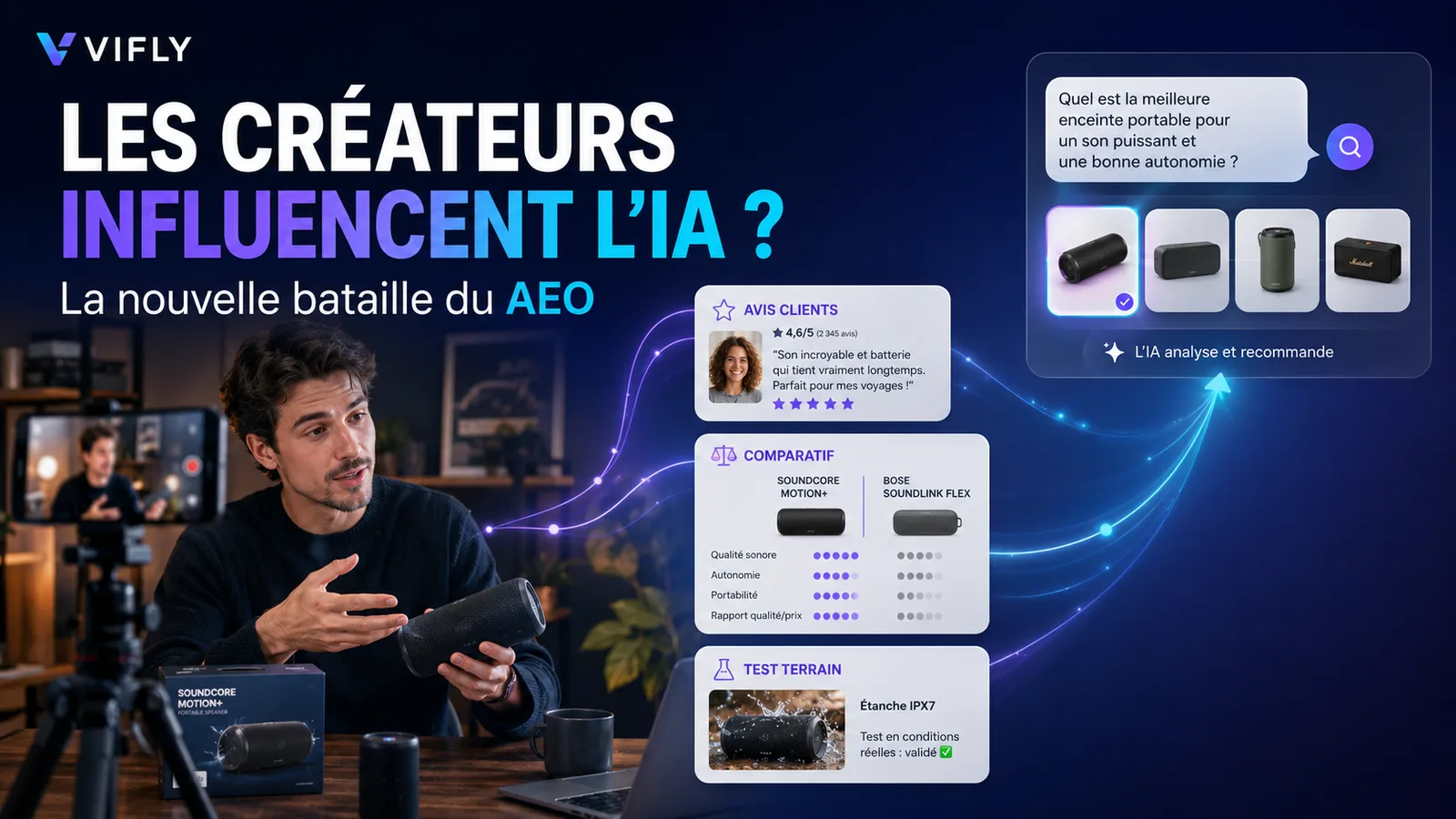 Créateur produisant du contenu utilisé dans une stratégie de visibilité de marque dans les moteurs IA.