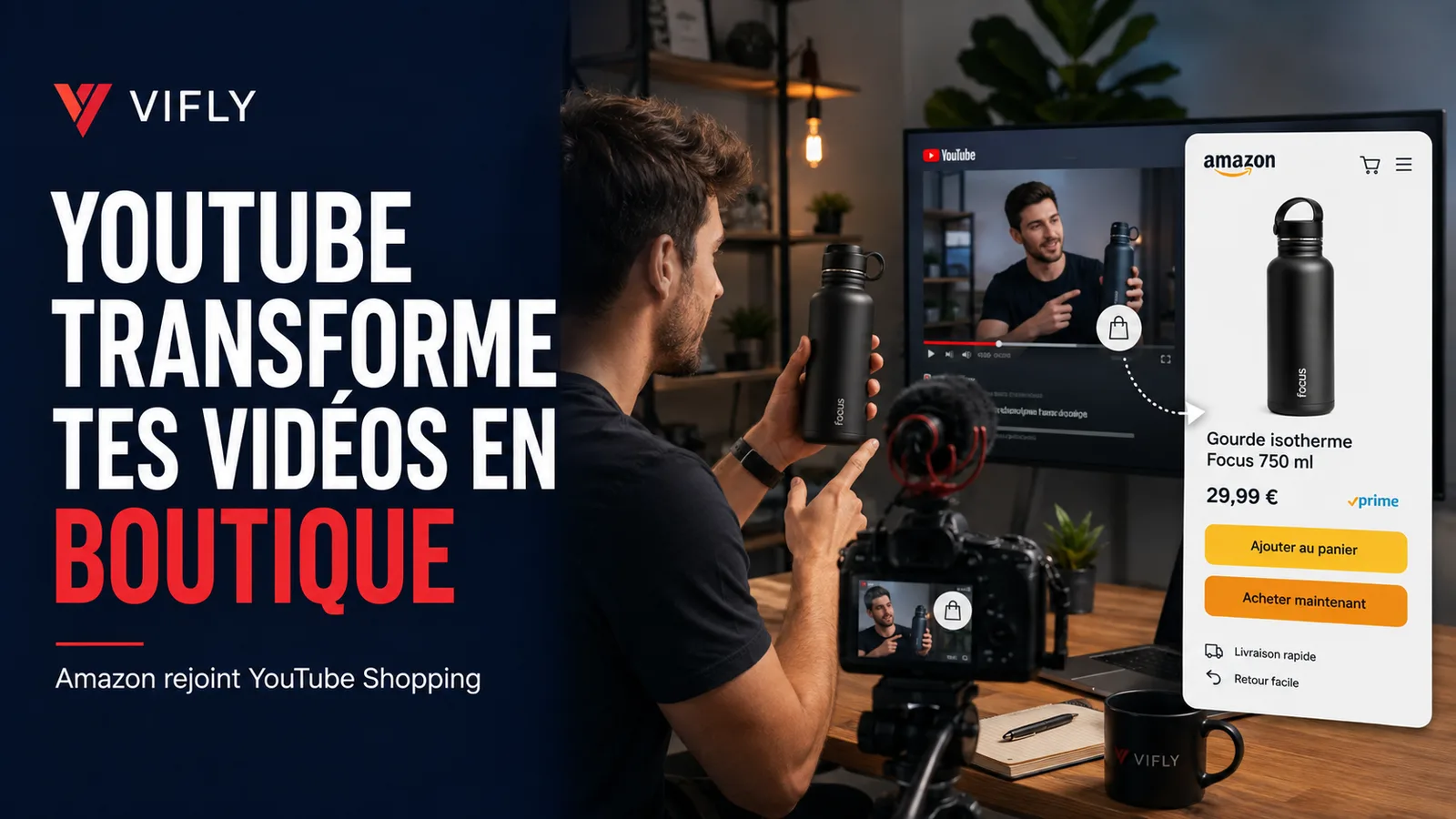 Créateur YouTube taguant un produit Amazon directement dans une vidéo avec YouTube Shopping.