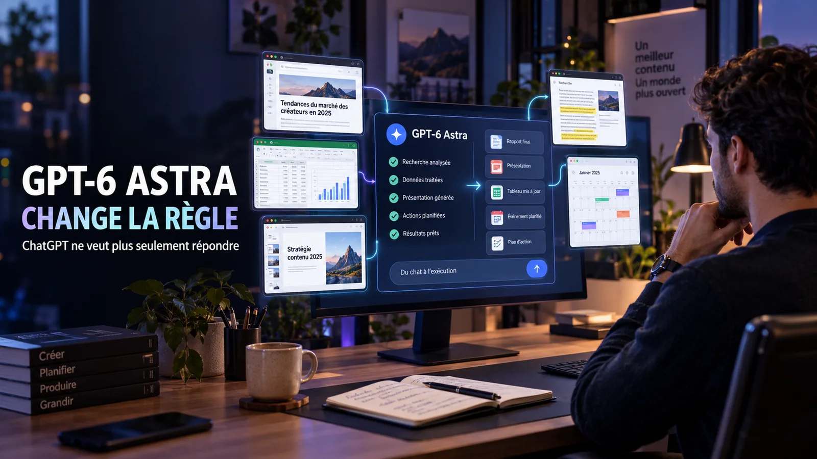 GPT-6 Astra d'OpenAI exécutant plusieurs tâches professionnelles sur ordinateur.