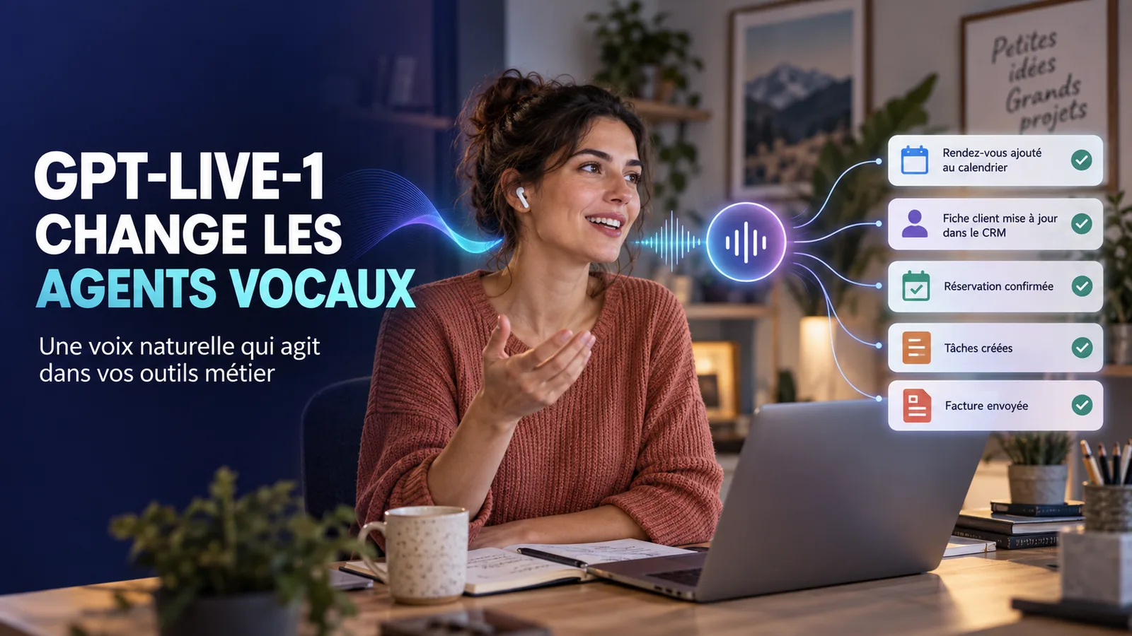 Indépendant travaillant pendant qu’un agent vocal IA gère un appel client et consulte un planning