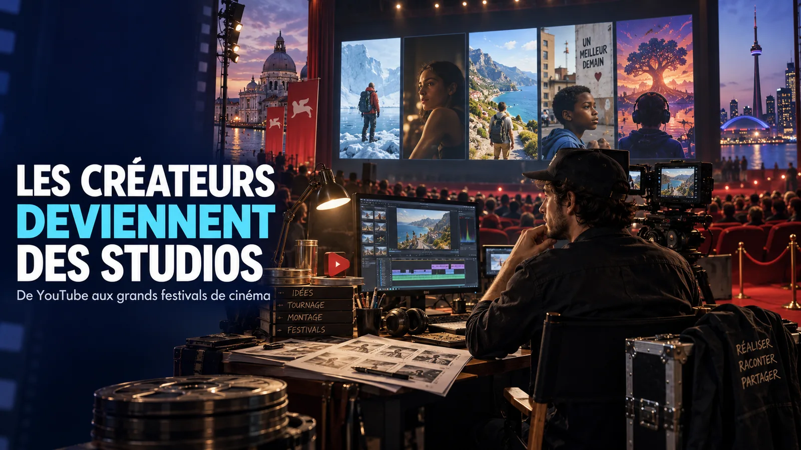 Créateur vidéo devant un écran de projection évoquant le passage de YouTube aux grands festivals de cinéma