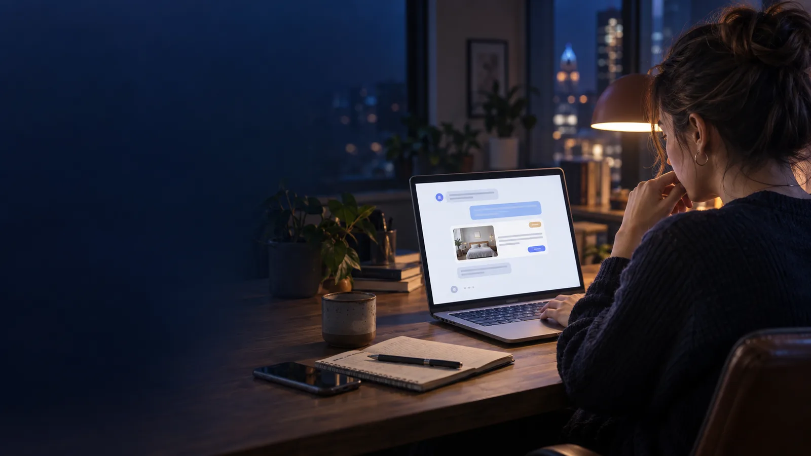 Entrepreneure devant un ordinateur échangeant avec un assistant conversationnel sponsorisé, dans une scène de travail naturelle et éditoriale