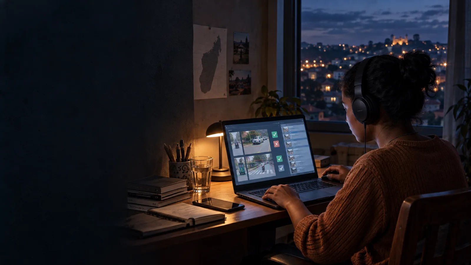 Travailleurs malgaches annotant des données pour entraîner des intelligences artificielles dans un bureau à Antananarivo.