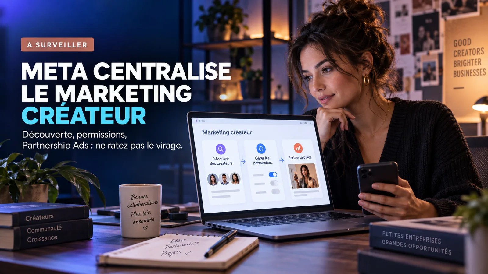Créatrice travaillant sur une collaboration de marque depuis son smartphone, dans un environnement professionnel naturel