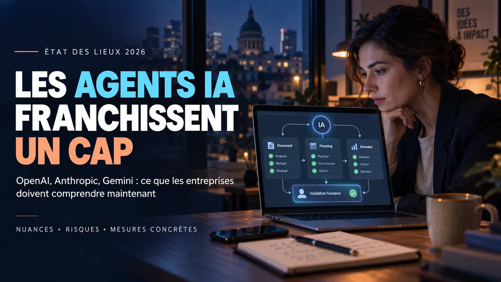 Entrepreneur observant un agent IA relié à plusieurs outils numériques derrière une barrière de sécurité symbolisant un bac à sable