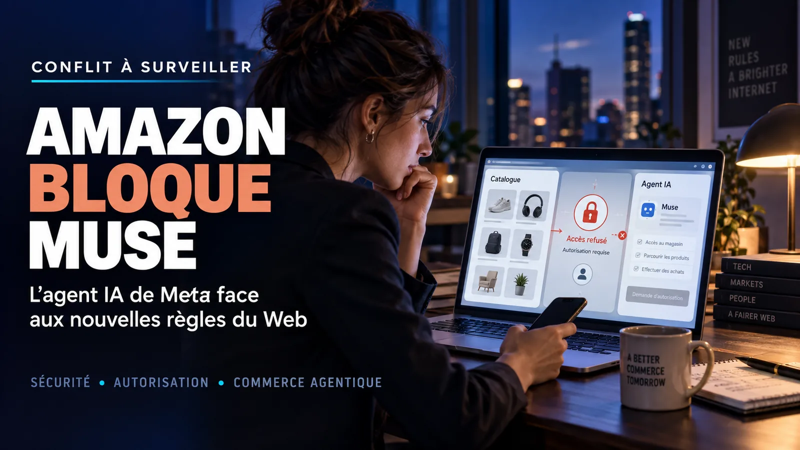 Entrepreneur devant un ordinateur où un agent IA rencontre une barrière d’accès sur une boutique en ligne, illustrant le blocage de Meta Muse par Amazon