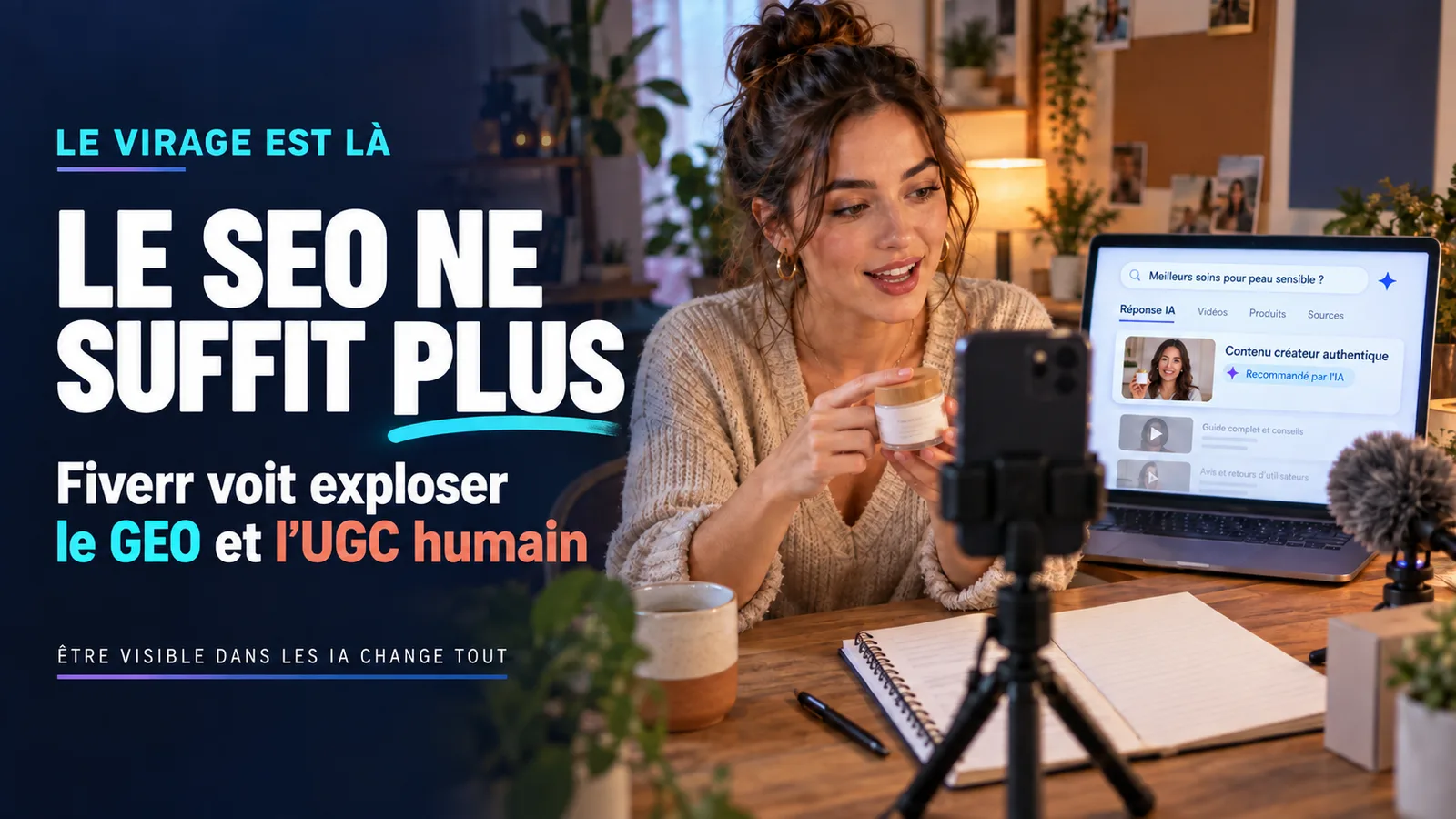 Créatrice indépendante travaillant sur sa visibilité en ligne entre recherche Google, réponses IA et contenu vidéo humain