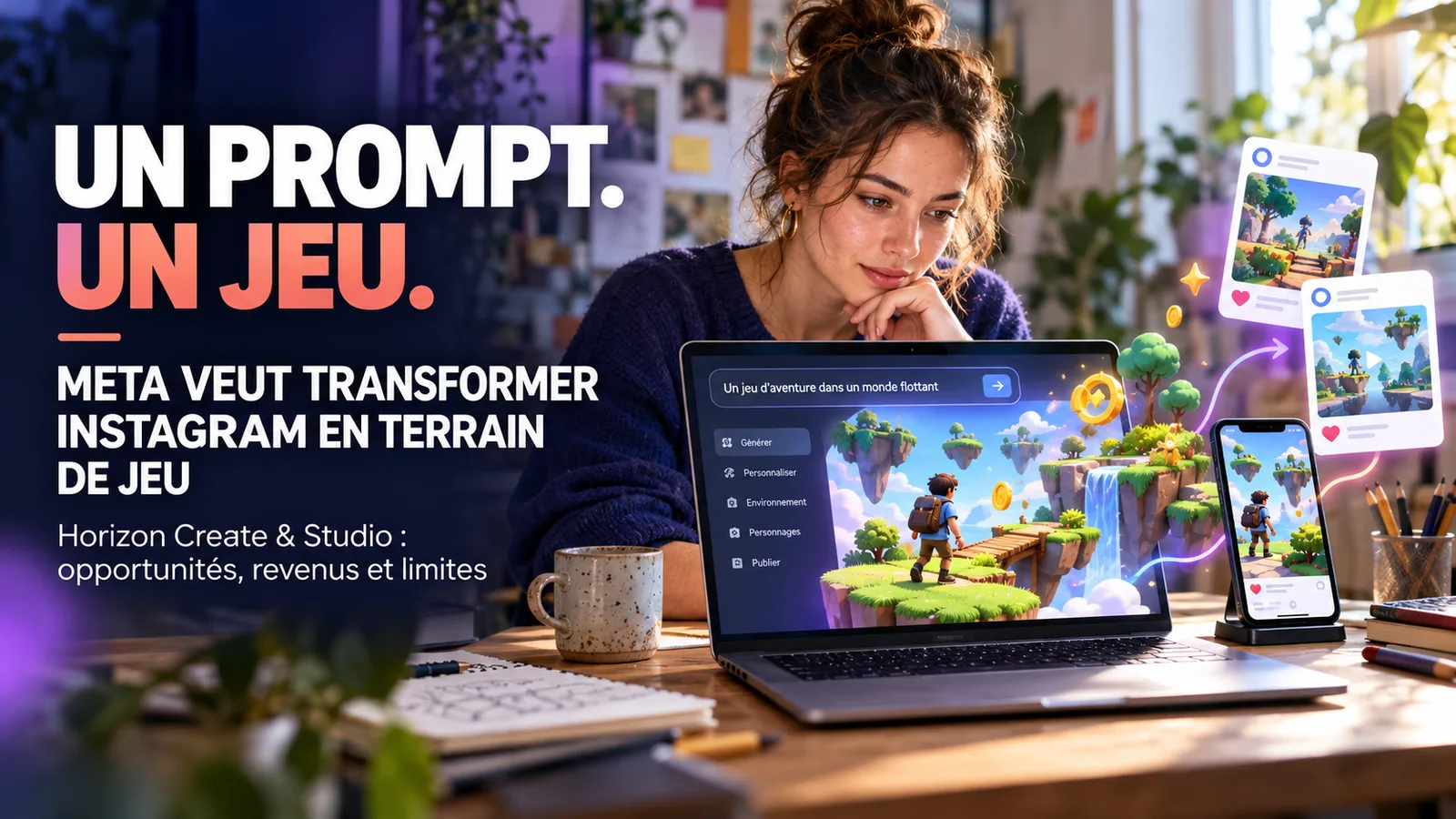 Créatrice concevant sur son téléphone un jeu interactif destiné à être découvert directement dans Instagram et Facebook