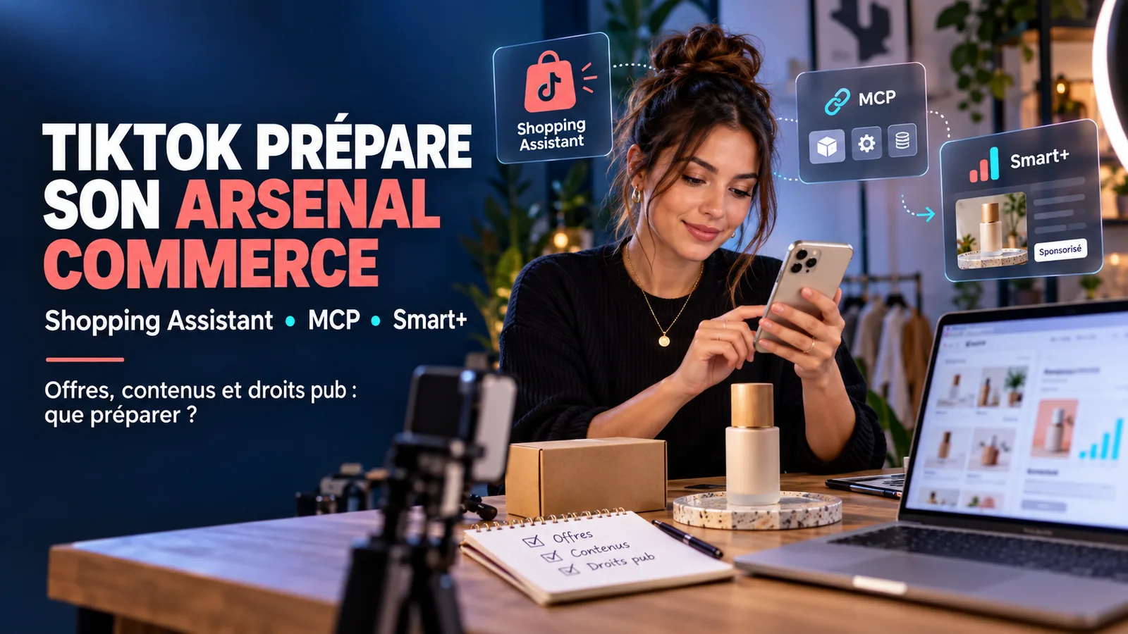 Créatrice préparant une offre claire pour TikTok Shopping Assistant tout en contrôlant les droits publicitaires de ses contenus