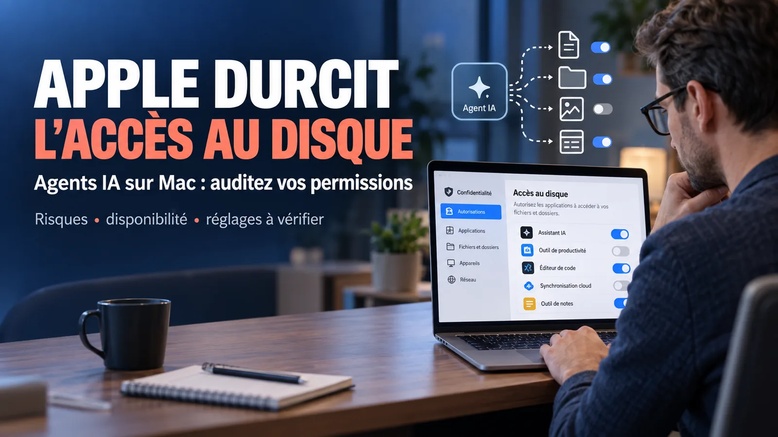 Créatrice vérifiant les permissions Accès complet au disque d’un agent IA dans les réglages de confidentialité de son Mac